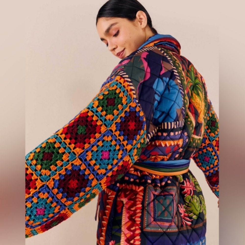 Farm Rio Patchwork Tapestry Crochet Puffer Jacket M